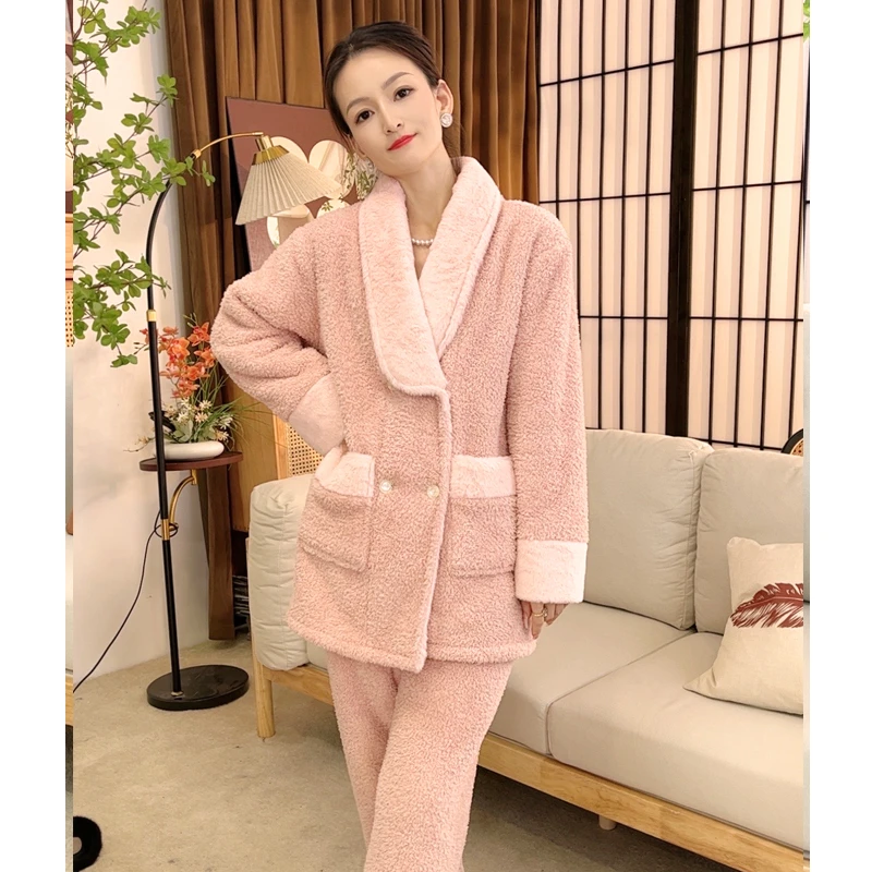 【兔毛领树莓粉】睡衣秋冬季加厚加绒珍珠绒保暖高级感家居服可外穿