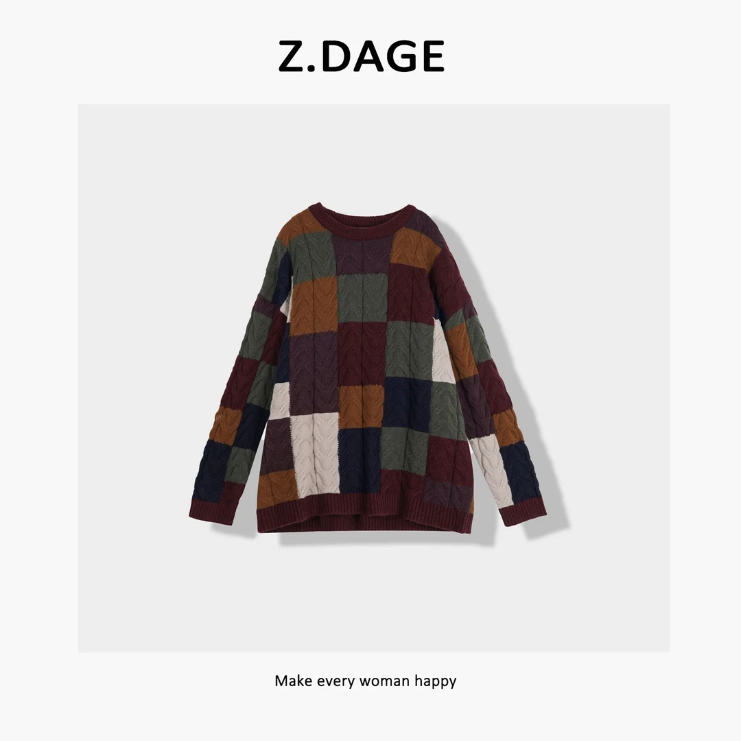 z.dage'几何色彩’时尚极简复古感菱格套头羊毛衫-9029