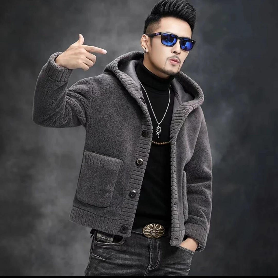 【优优严选】海宁秋冬新款休闲男士带帽羊毛外套双面双穿