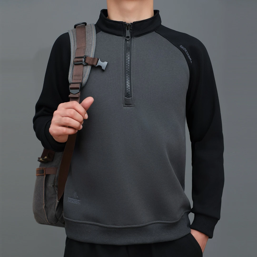 2025春秋新款加绒保暖拉链立领撞色套头插肩休闲卫衣8890