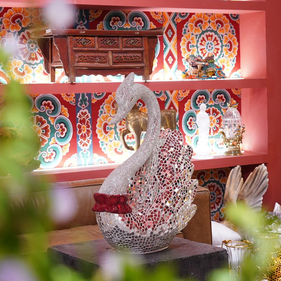 【BENNY本尼家】银色镜片天鹅手工贴片家居客厅装饰艺术品玄关摆件