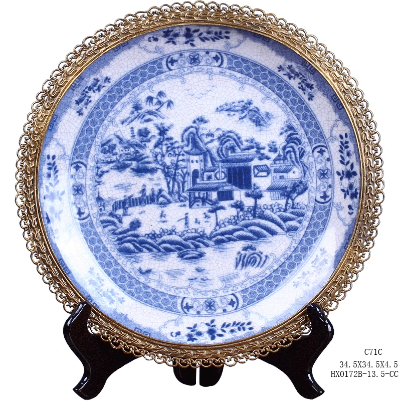 【本尼家】HX27新中式仿古青花装饰盘陶瓷配铜壁挂盘赏盘摆