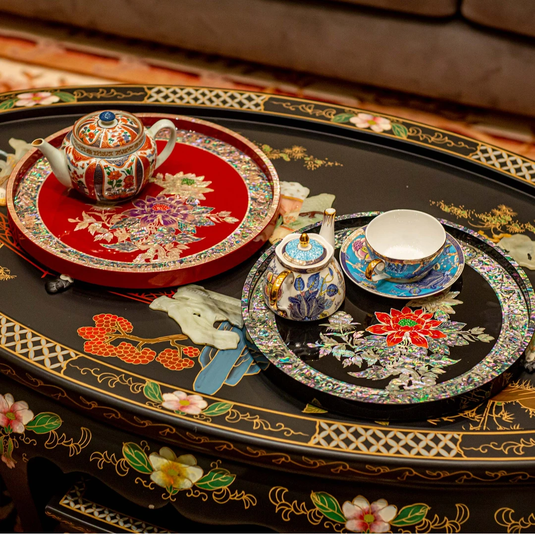 【本尼家】LD13平磨螺钿圆托盘摆件送礼单面镂空雕刻置物装