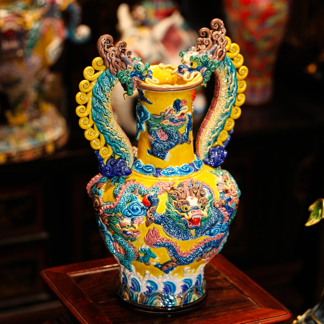 【BENNY本尼家】J30国潮手工招财彩釉交趾陶摆件-九龙瓶
