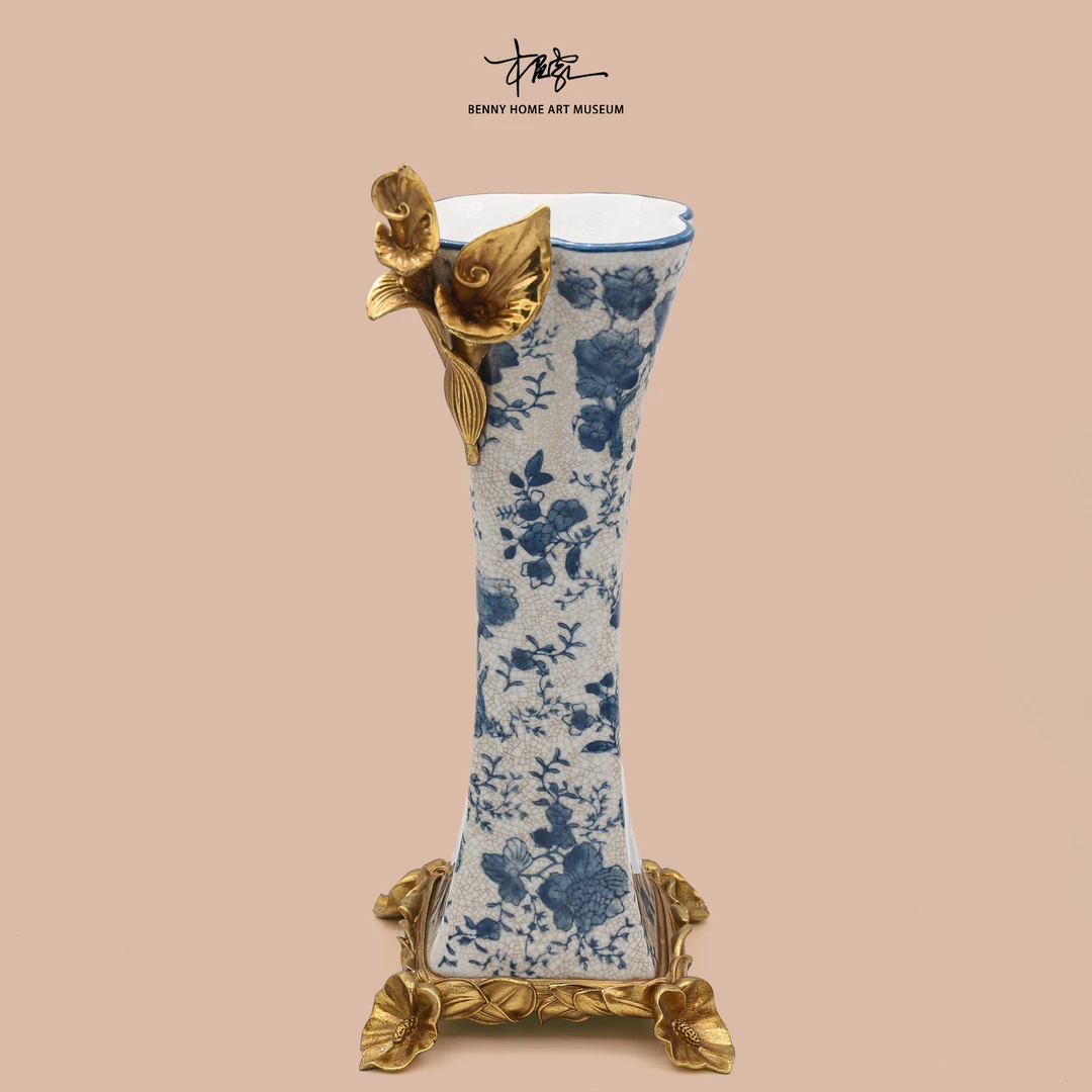 【本尼家】GY181欧式古典青花陶瓷镶铜插花花瓶家居艺术摆件