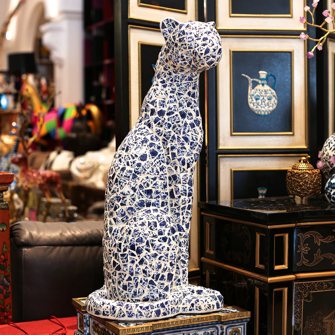 【本尼家】马赛克青花瓷手工贴片装饰品家居客厅玄关摆件豹