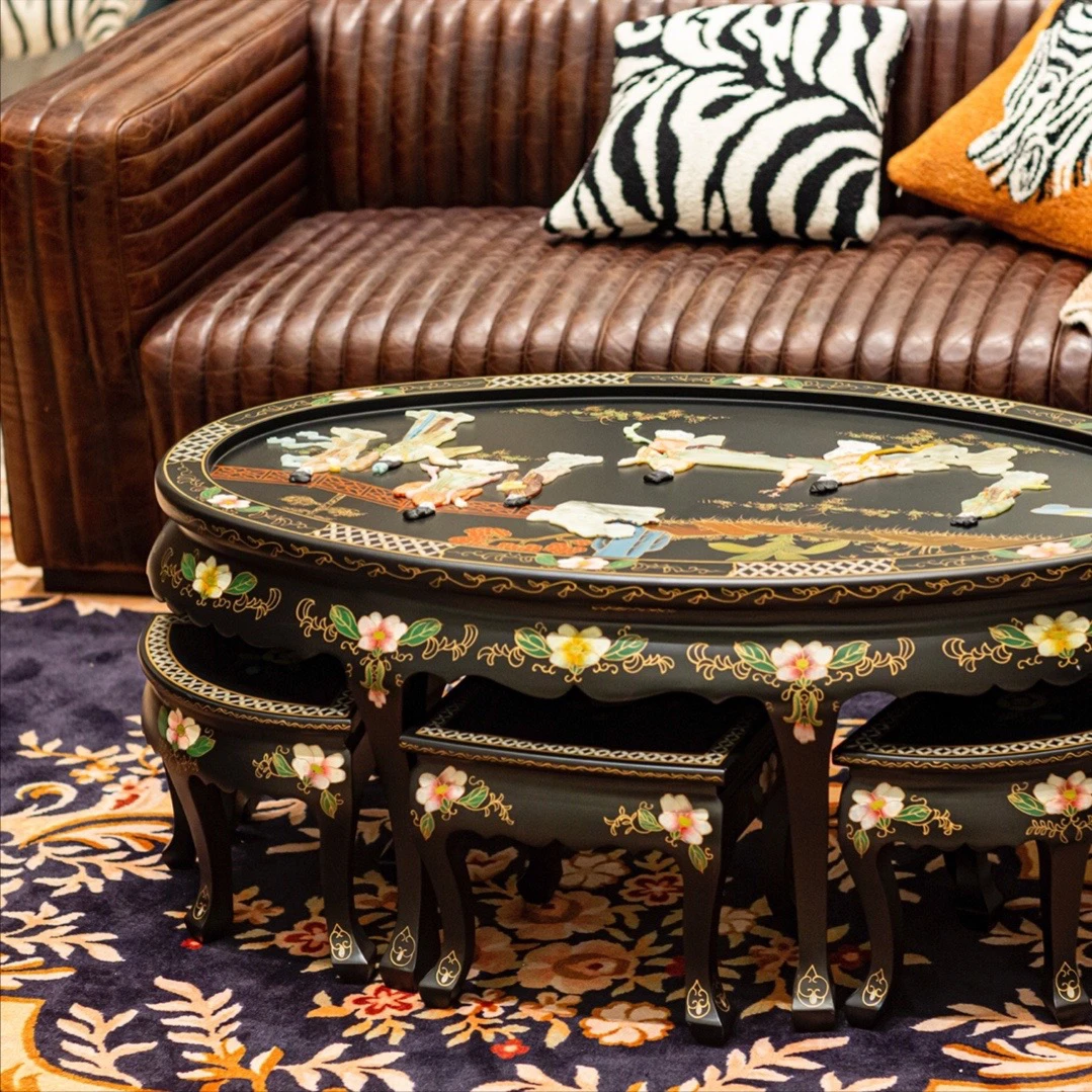 【本尼家】扬州漆器新中式定制明清家具骨石镶嵌图桌凳茶桌茶几