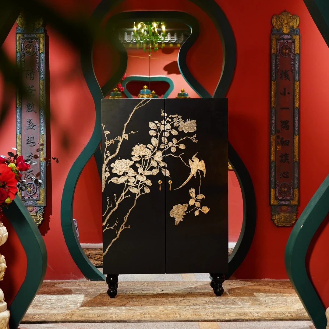 【本尼家】TS25新中式实木手绘花鸟图客厅玄关储物柜 【80*41*129cm】