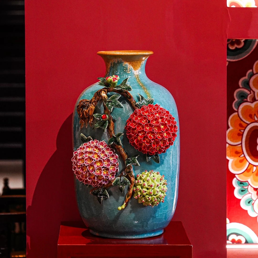 【本尼家】AM16非遗手工石湾陶《前程锦绣》绣球花瓶插花装饰摆件