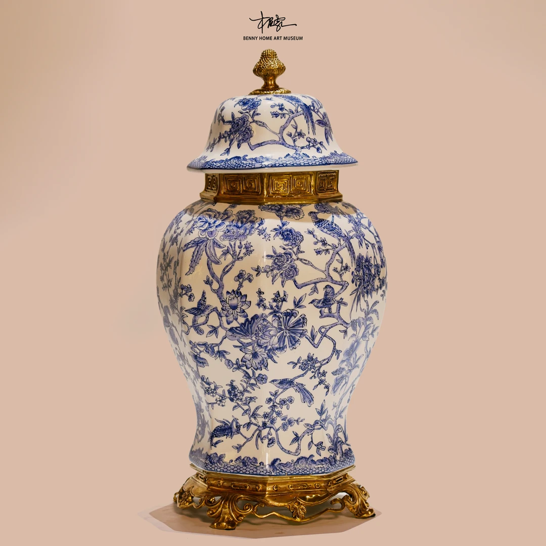 【本尼家】JM07瓷镶铜装饰罐陶瓷将军罐青花瓷盖坛桌面装饰玄关摆件