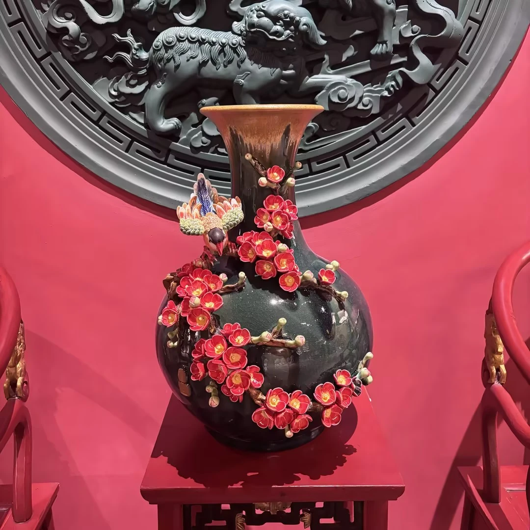 【本尼家】AM07非遗手工石湾陶摆件《喜上眉梢》天球瓶插花瓶玄关摆件