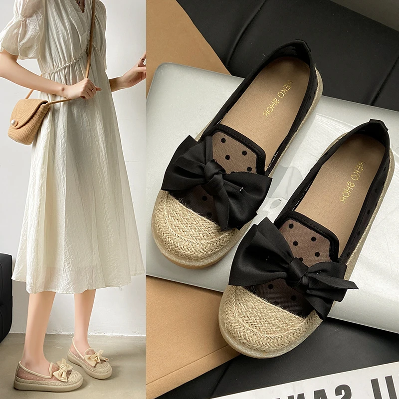 网纱单鞋渔夫鞋女2024新款小香风蕾丝外穿时尚蝴蝶结编织豆豆鞋