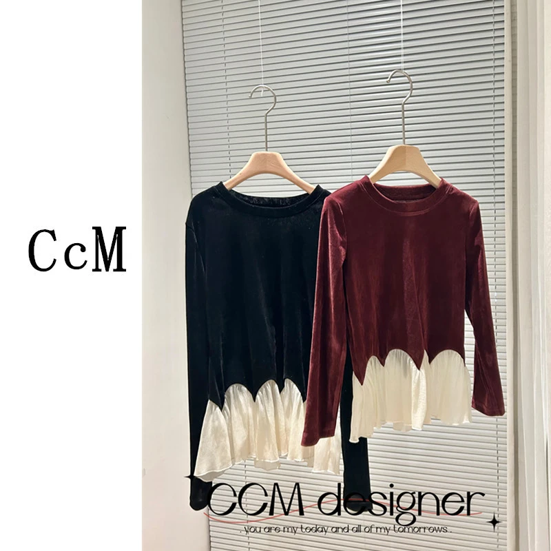【CCM】女童丝绒上衣2024秋季新款复古时尚拼接植绒黑色T恤长袖女