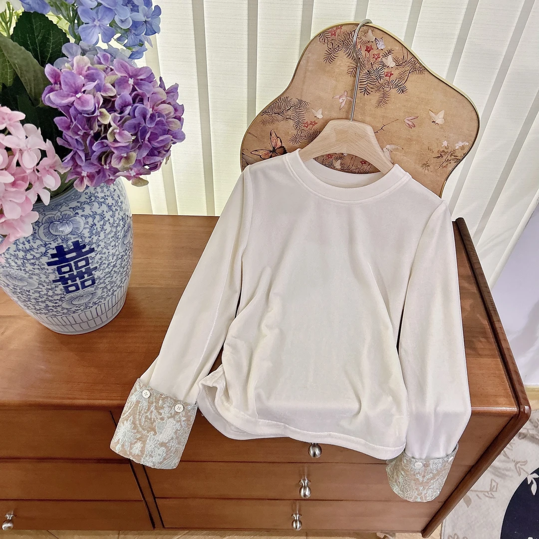 【CCM】女童新中式打底衫2024冬季新款国风丝绒拼接时尚洋气T恤上衣