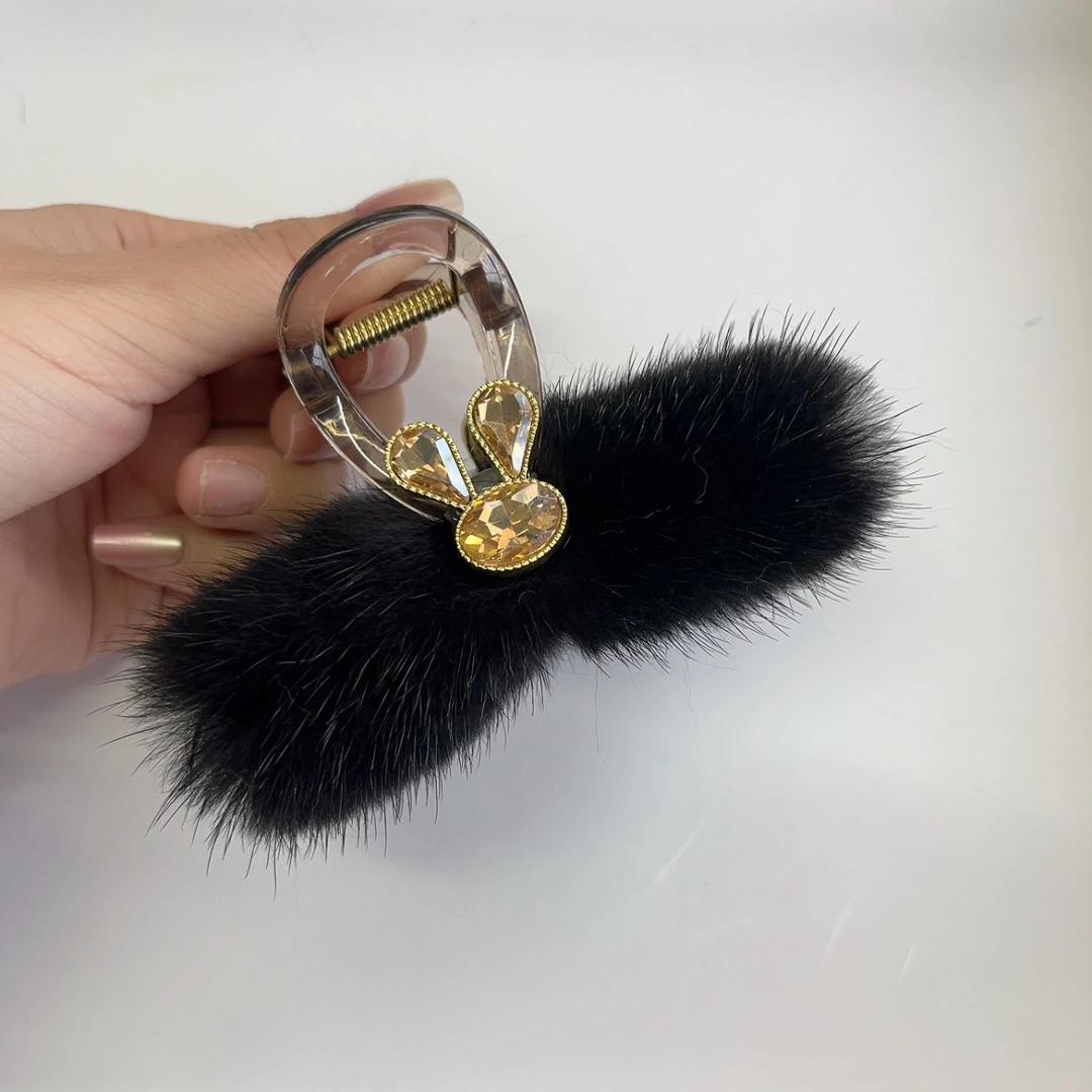 水貂毛抓夹真毛发带钻气质发饰鲨鱼夹