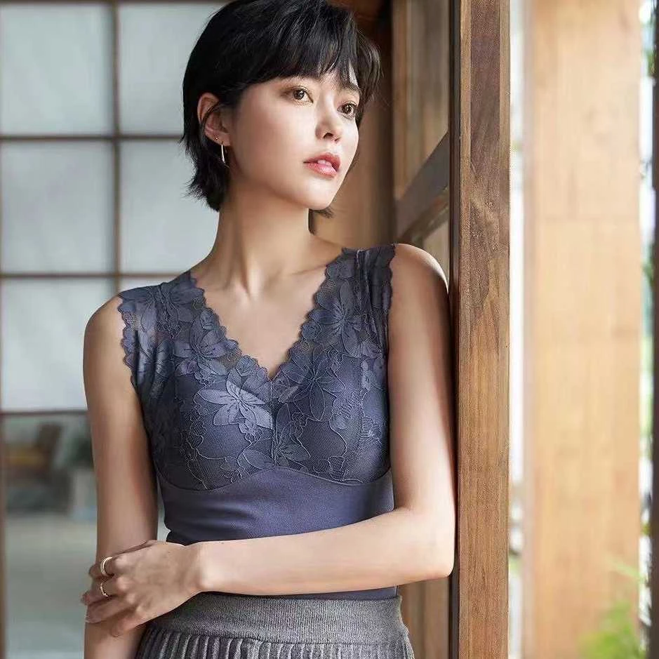 秋冬内搭无痕磨毛发热保暖背心薄款蕾丝内搭免穿文胸可拆卸吊带女