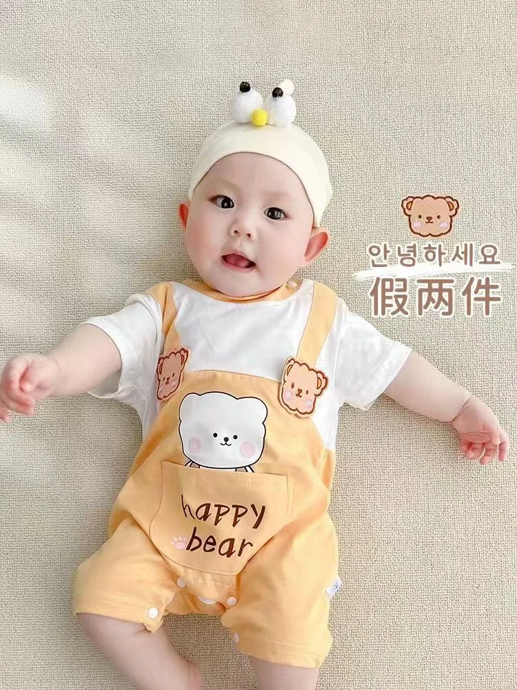婴儿连体衣夏季短袖假两件哈衣夏超萌小月龄宝宝衣服外出韩范爬服