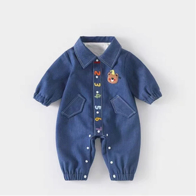 2025新款卡通牛仔哈衣新生婴儿春秋超萌连体衣爬服周岁男宝衣服