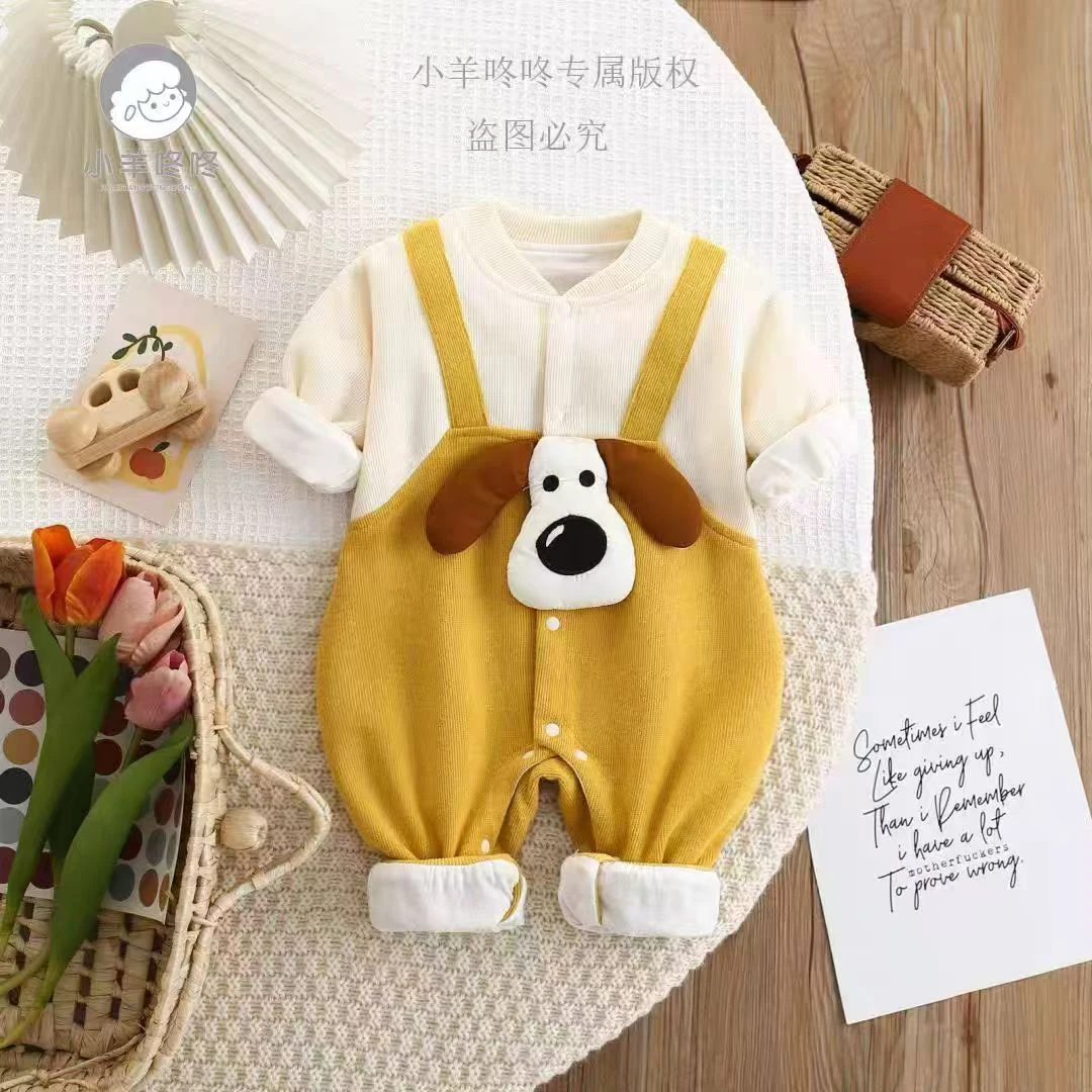 春秋季新款婴幼儿连体衣男女宝宝哈衣新生衣服假背带立连体衣爬服