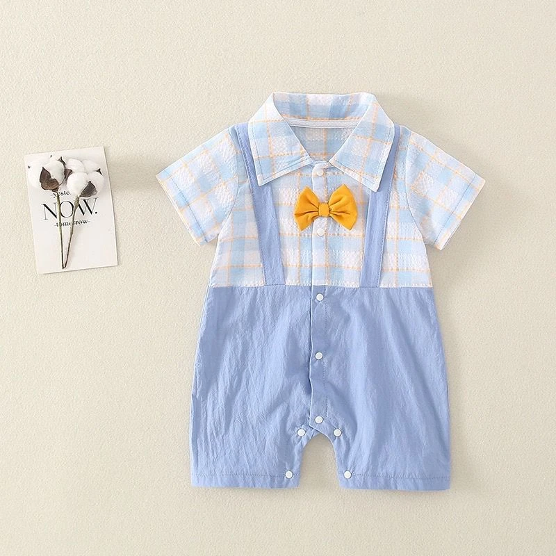 婴儿衣服夏装男宝宝短袖哈衣新生满月夏季薄款格子百天周岁连体衣