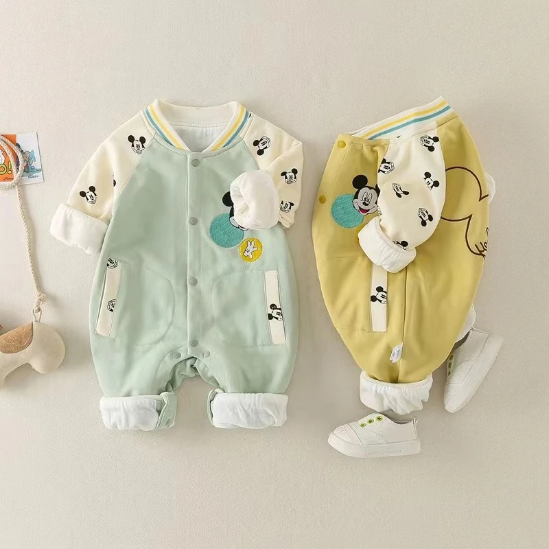 婴儿米奇春秋款连体衣新款百天宝宝双层哈衣婴幼儿外出爬服洋气