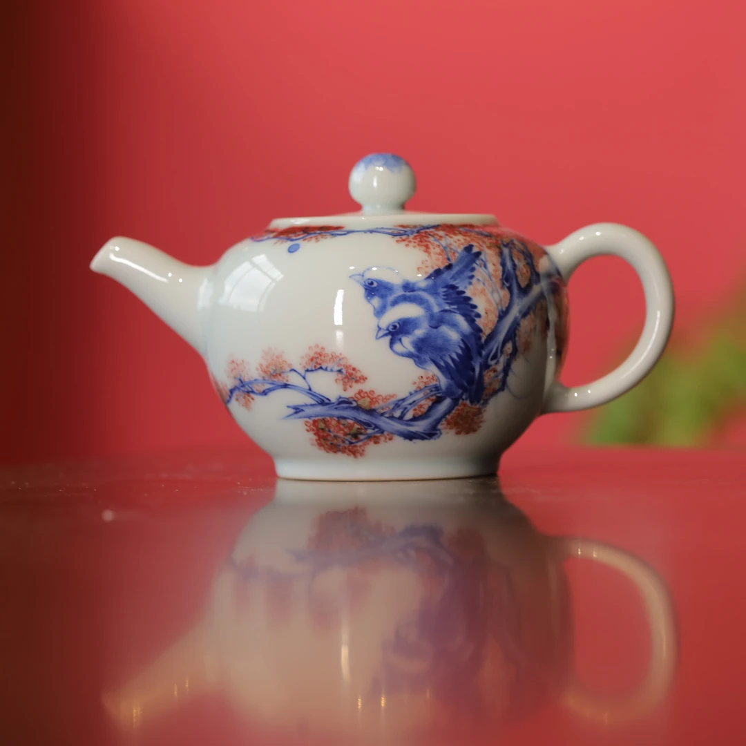 小桥窑纯手工来钟珍藏青花釉里红白头偕老平盖壶