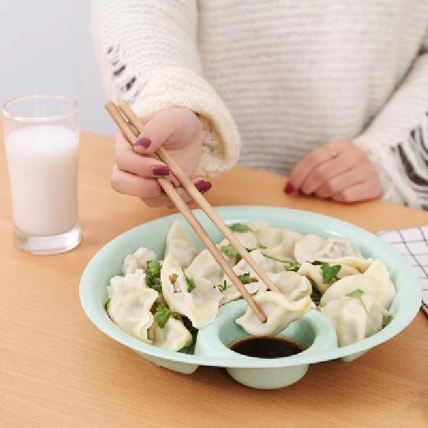3个装小麦秸秆饺子盘带醋碟水饺盘创意扇形餐盘水果盘厨房1025