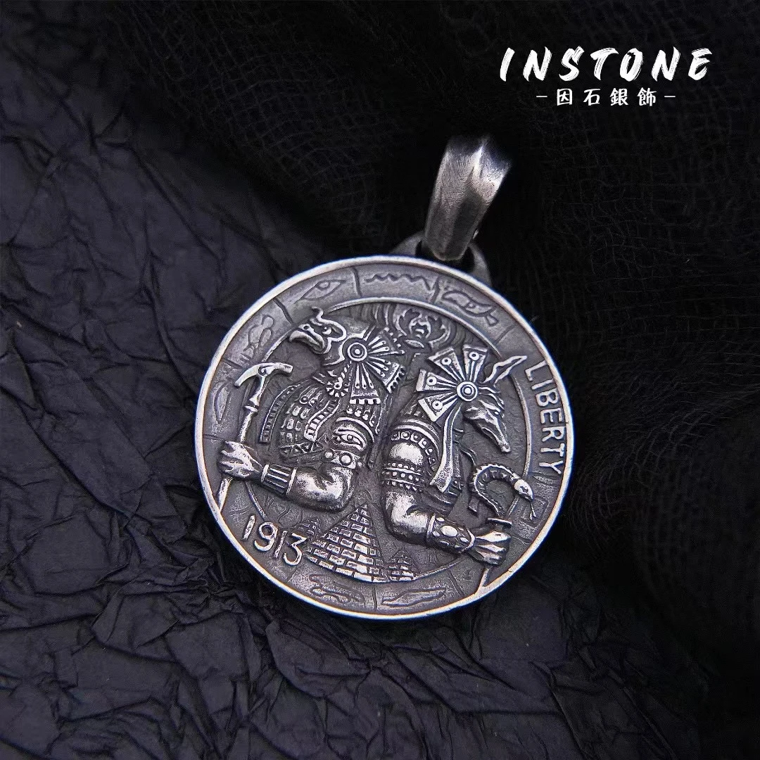 鸿聚隆 吊坠925银 NO038埃及古币荷鲁斯与阿努比斯双生牌双面实心