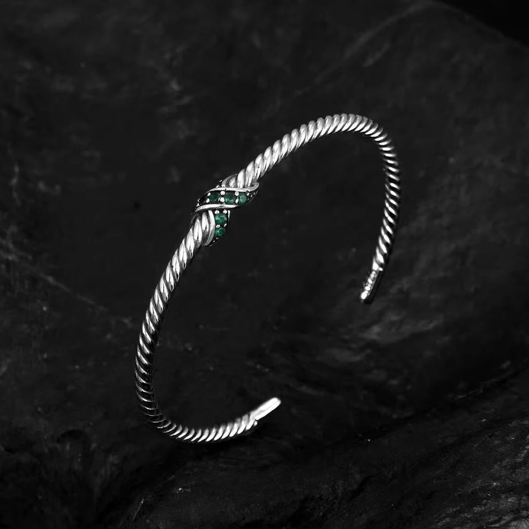 鸿聚隆 925银手镯 0997纯银拧壁时尚小众个性交叉十字花手镯开口