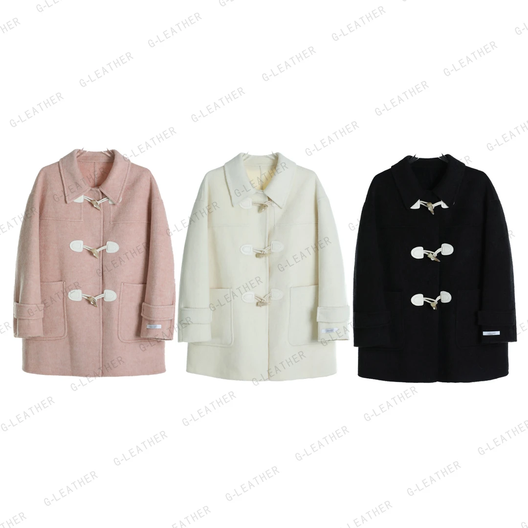 革美 大衣双面呢短款牛角扣大衣MND81321