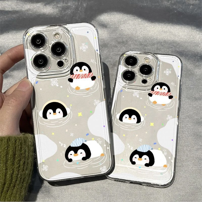 卡通玩水企鹅华为vivo小米oppo荣耀苹果15手机壳iPhone13透明14软