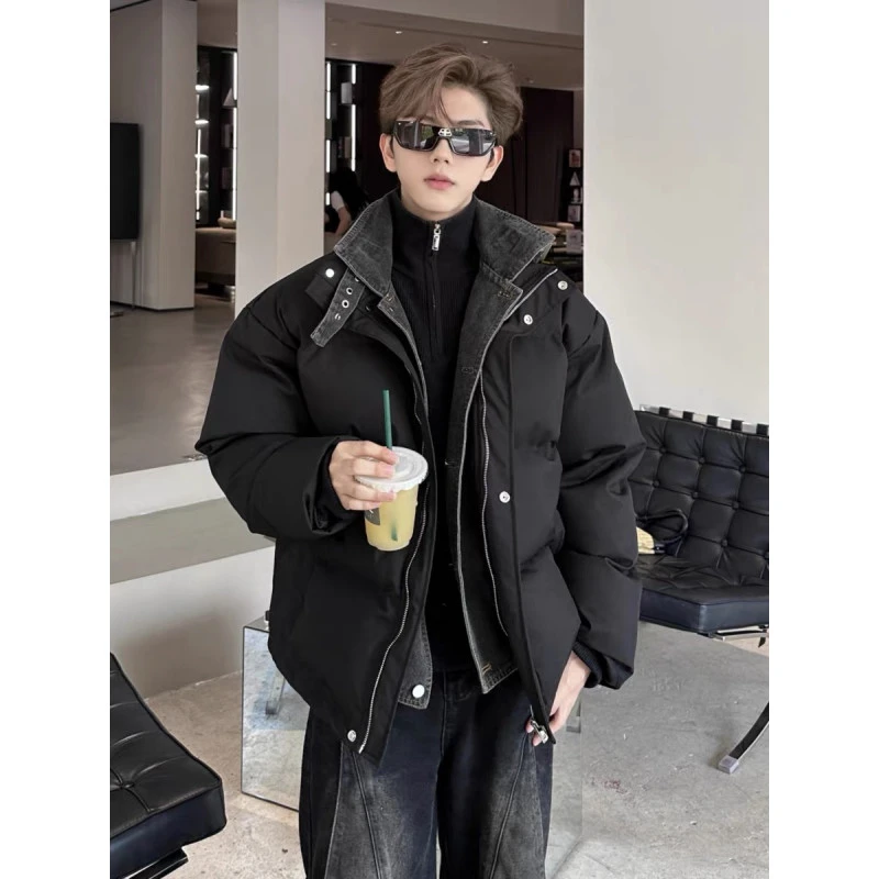 牛仔假两件冬季拼接保暖棉服男棉衣加厚新款立领休闲面包服男