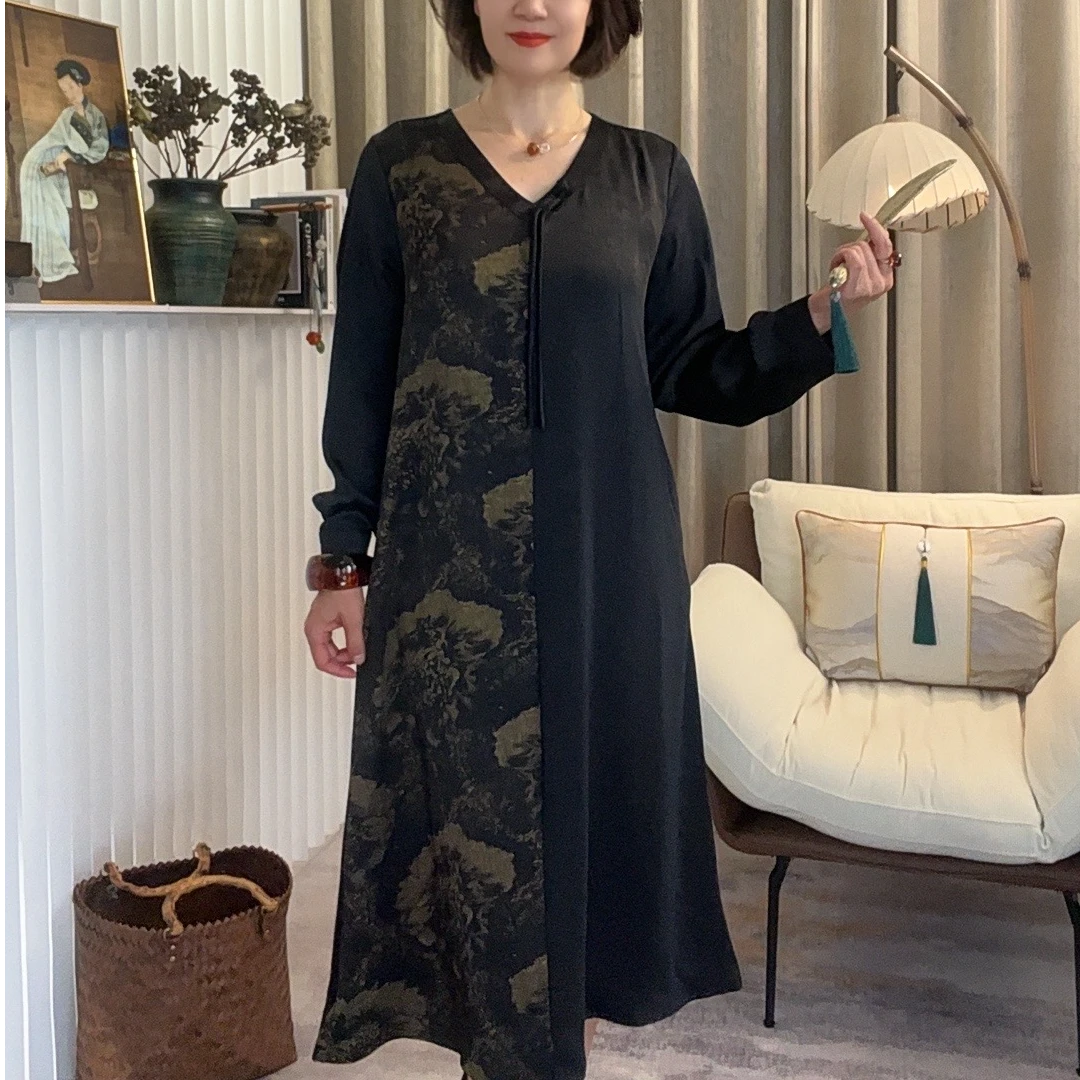 【萝莎尔】秋季新款中老年妈妈装长袖连衣裙V领贵妇中式盘扣长款裙