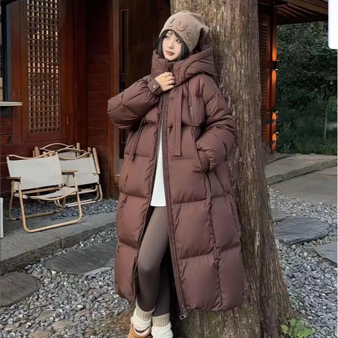 T1白鸭绒女8892轻奢飘带新国标保暖连帽过膝长款时尚冬季韩加厚