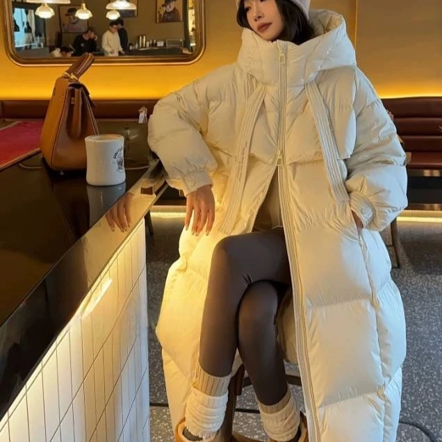 J3白鸭绒8892女轻奢飘带新国标保暖连帽过膝长款时尚冬季韩加厚