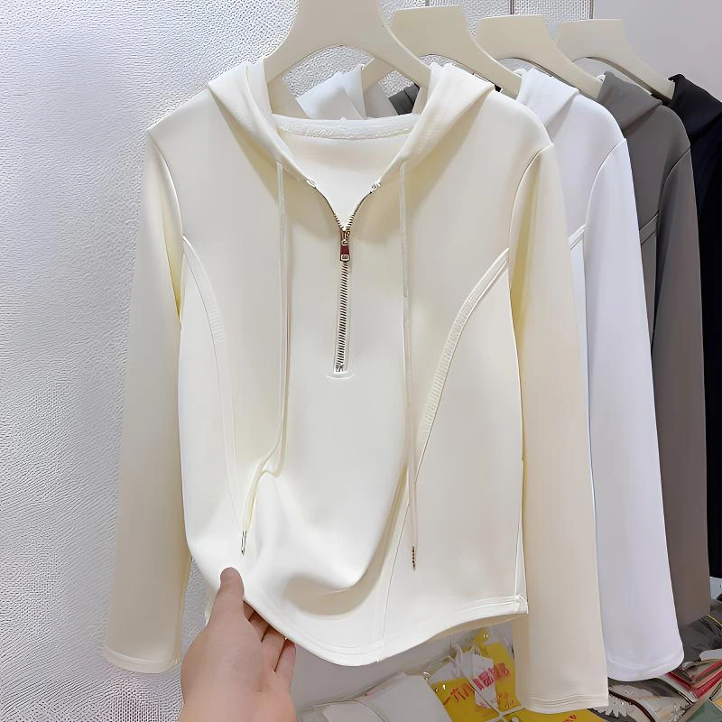 秋季新款大码女装宽松遮肚百搭长袖上衣胖妹妹设计感纯色连帽卫衣