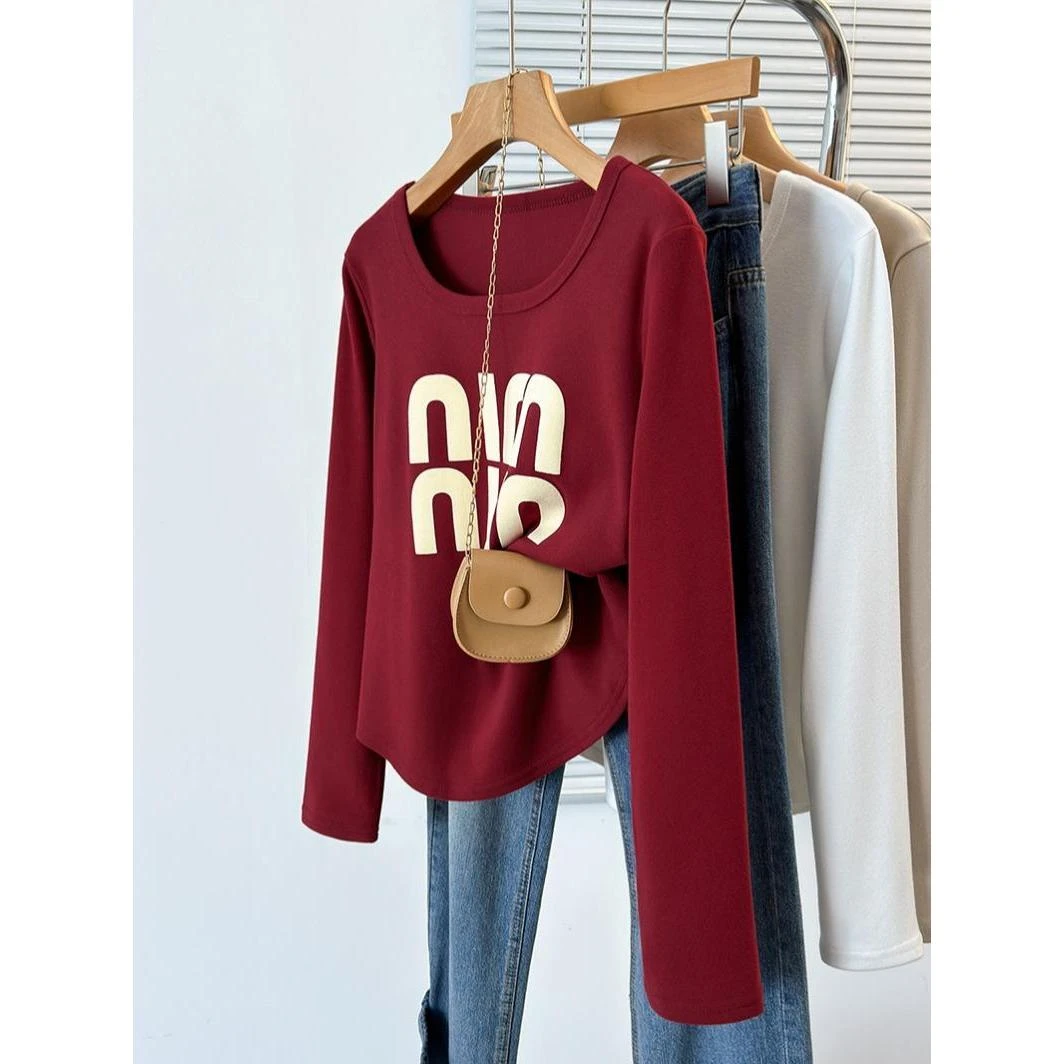 秋季新款大码女装显瘦减龄长袖打底衫胖妹妹休闲百搭字母印花上衣