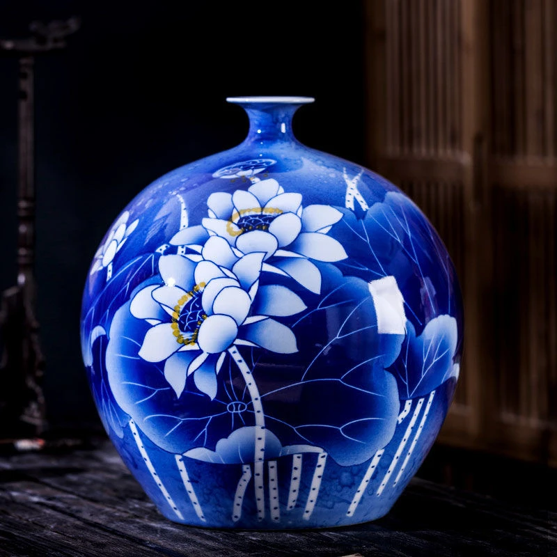 景德镇陶瓷花瓶摆件手绘大号中式荷韵家居客厅博古架玄关装饰品