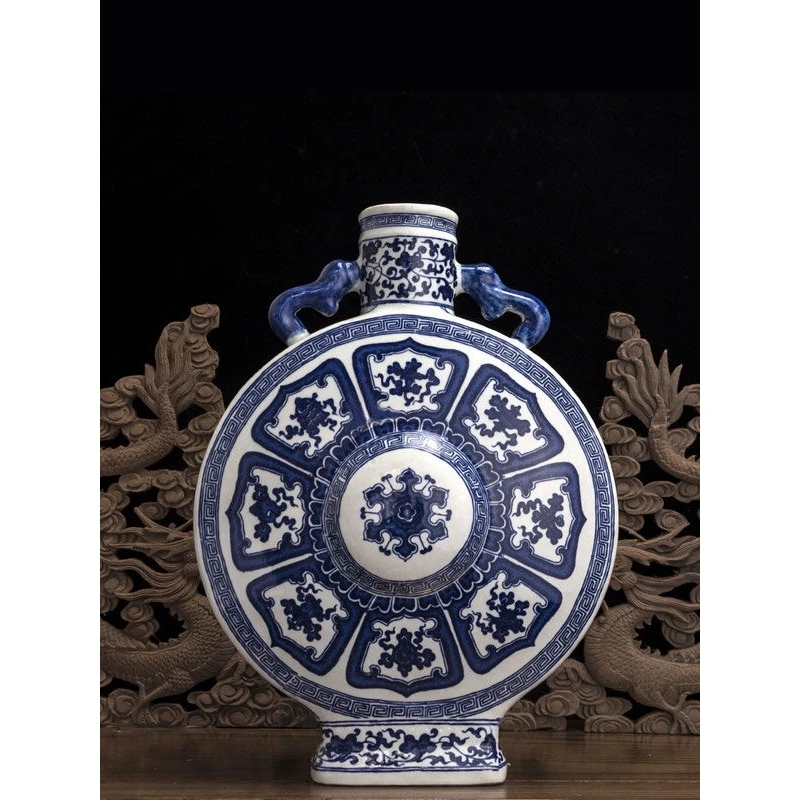 景德镇珐琅彩新中式古典青花八吉祥纹双耳扁瓶花瓶摆件仿古博古架