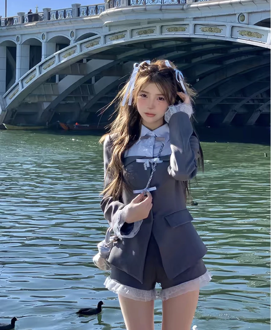 【芝芝不倦】美高甜心  早春学院风polo领长袖外套短裤套装早春穿搭