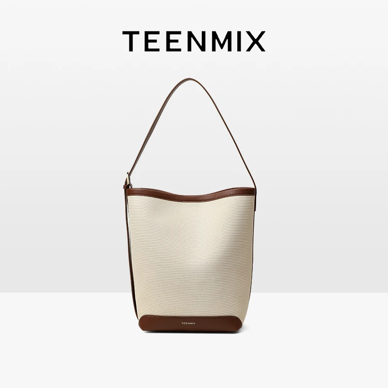 天美意女包新款简约水桶包大容量通勤女包撞色手提单肩包大包