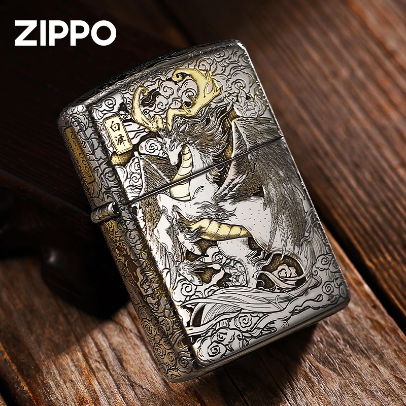 ZIPPO打火机深雕五面白泽盔甲高档防风原装男士送礼DYJ1X1H1