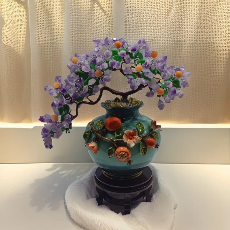 【紫洋洋】陶瓷红石榴迎客松紫水晶树摆件摆设