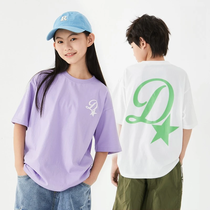 清！新款女童男童短袖T恤中大童儿童宽松纯棉印花半袖上衣DK23S091