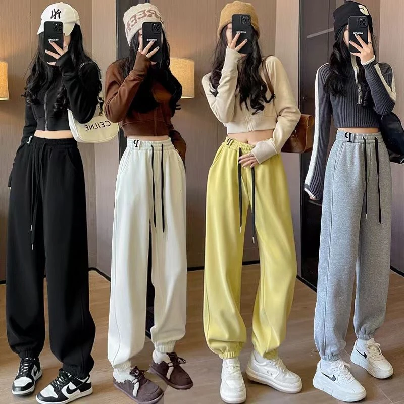 多巴胺棉裤加绒运动卫裤女宽松束脚阔腿裤高腰抽绳百搭加厚休闲裤