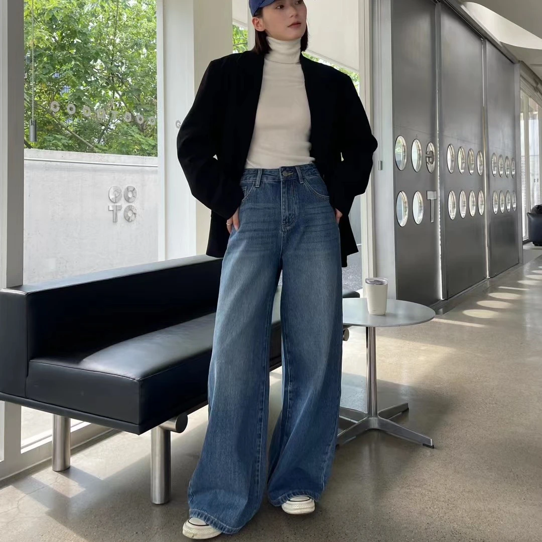 秋季超模裤新款直筒高腰显瘦阔腿牛仔裤
