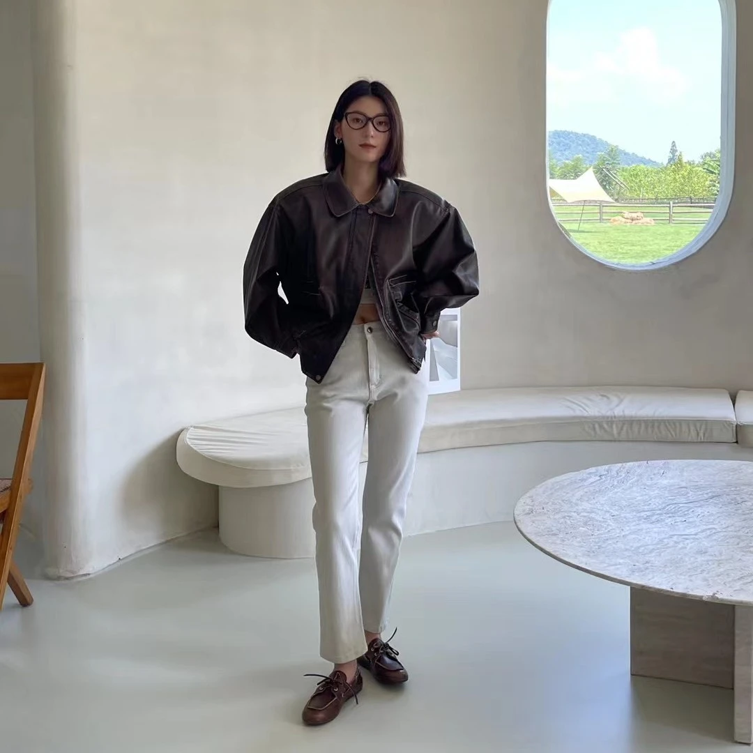 秋冬高端品质四面弹高腰米灰色烟管裤牛仔裤