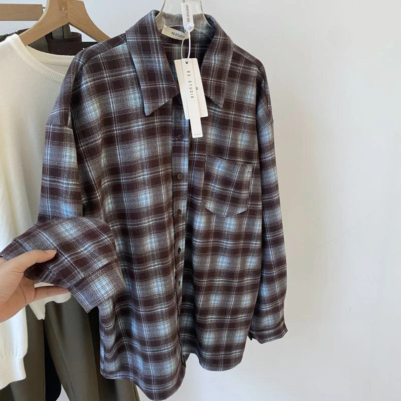 高品质宽松大版男友风磨毛格子衬衫