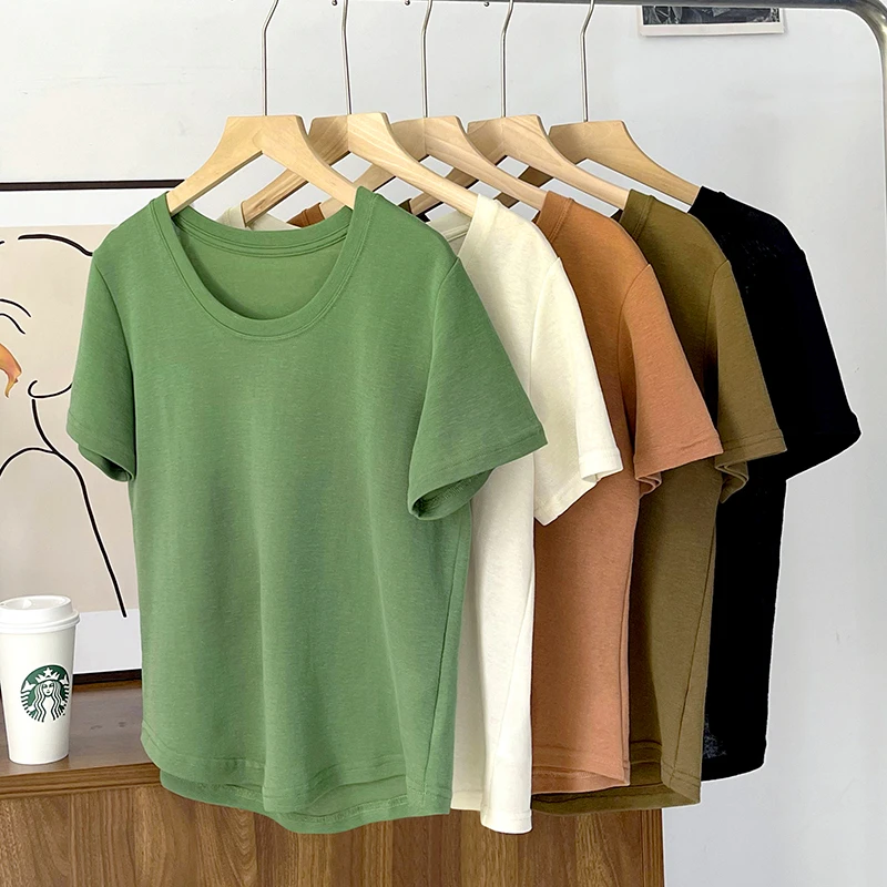 【白富美】网纱棉短袖t恤女夏季纯色U型领薄款下摆弧形底显瘦上衣女