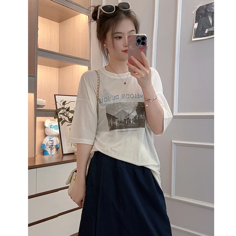 夏季薄款短袖t恤女宽松冰丝防晒衣空调罩衫微透圆领百搭打衫上衣